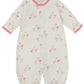 Kissy Kissy Baby Girls' Flamingo Love Convertible Gown features a white Pima cotton fabric with pink trim, flamingo love print in pink and green, front snaps, and elastic ankle cuffs.