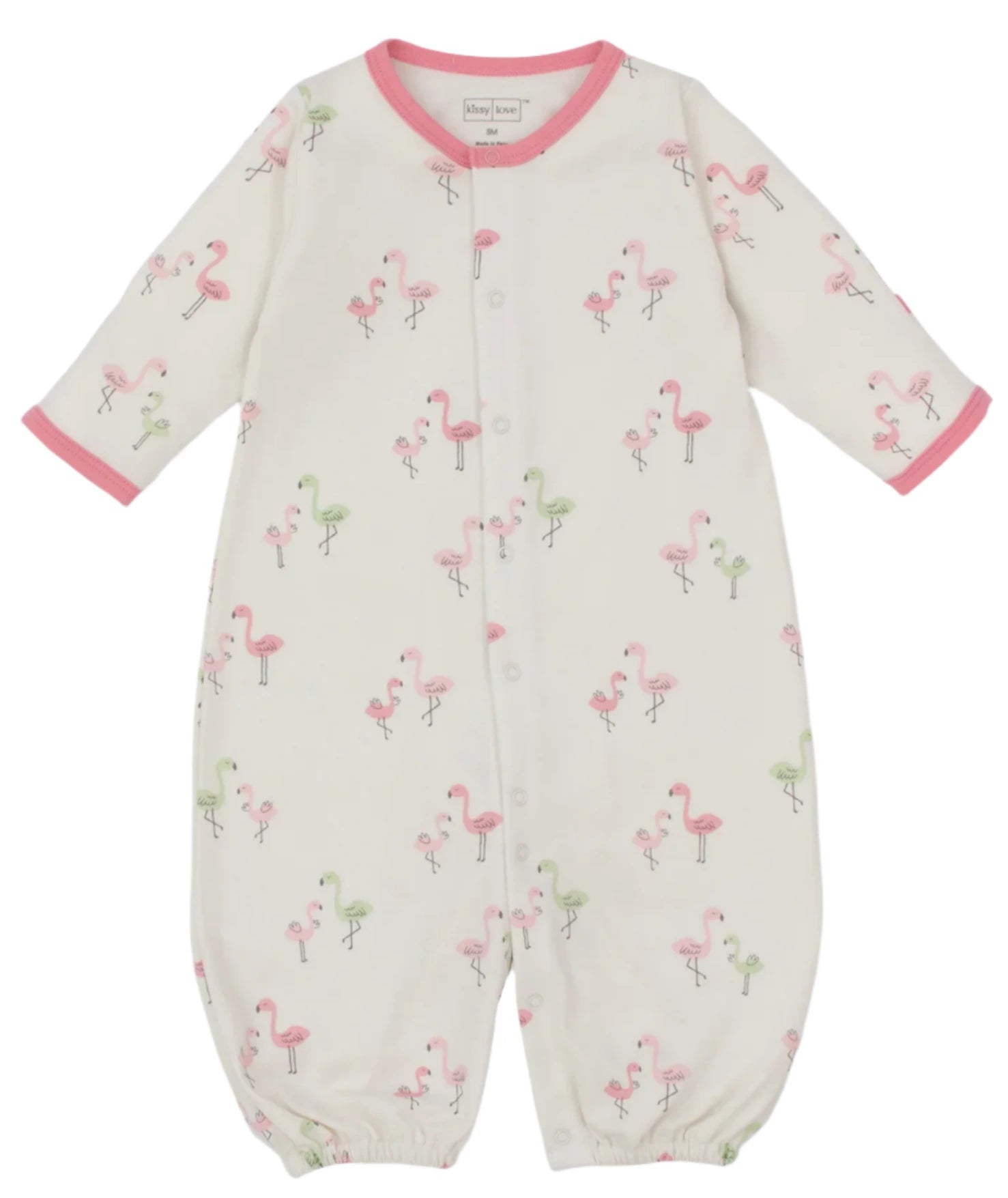 Kissy Kissy Baby Girls' Flamingo Love Convertible Gown features a white Pima cotton fabric with pink trim, flamingo love print in pink and green, front snaps, and elastic ankle cuffs.