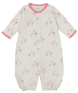 Kissy Kissy Baby Girls' Flamingo Love Convertible Gown features a white Pima cotton fabric with pink trim, flamingo love print in pink and green, front snaps, and elastic ankle cuffs.