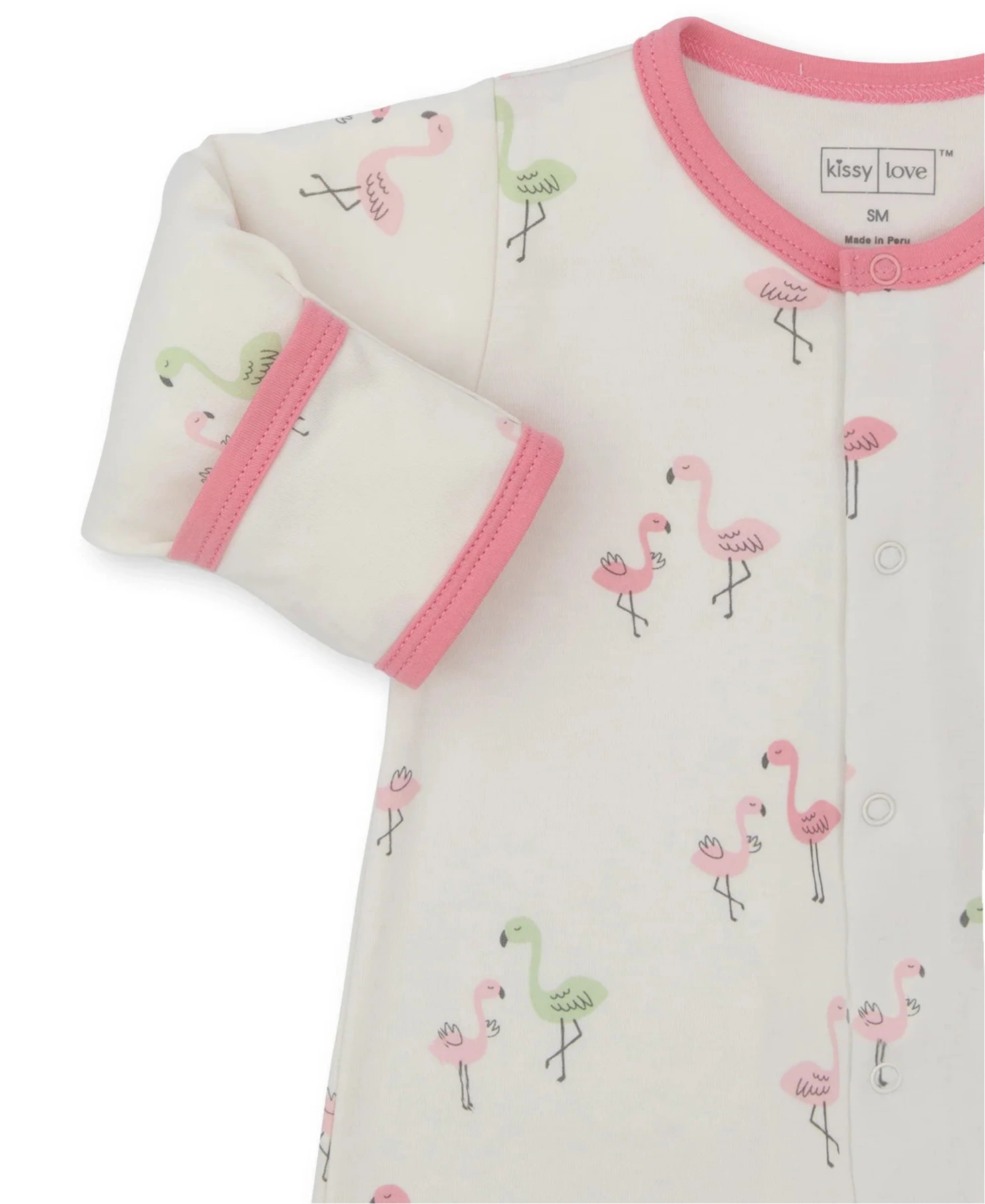 The Kissy Kissy Baby Girls' Flamingo Love Convertible Gown features pink trim, a pink and green flamingo print, soft Pima cotton, and front snap buttons.