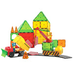 Experience the MAGNA-TILES® Builder XL 50-Piece Set by Magnatiles, featuring vibrant Magna-Tiles, building blocks, and a toy crane on a road track. This set is perfect for fostering meaningful play with included construction vehicles.