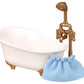 A small white clawfoot bathtub with gold fixtures and shower head, placed beside a light blue cloth pouch against a white background—an ideal addition to your Calico Critters Red Roof Cozy Cottage, perfect for bath time fun with your Chocolate Rabbit girl.