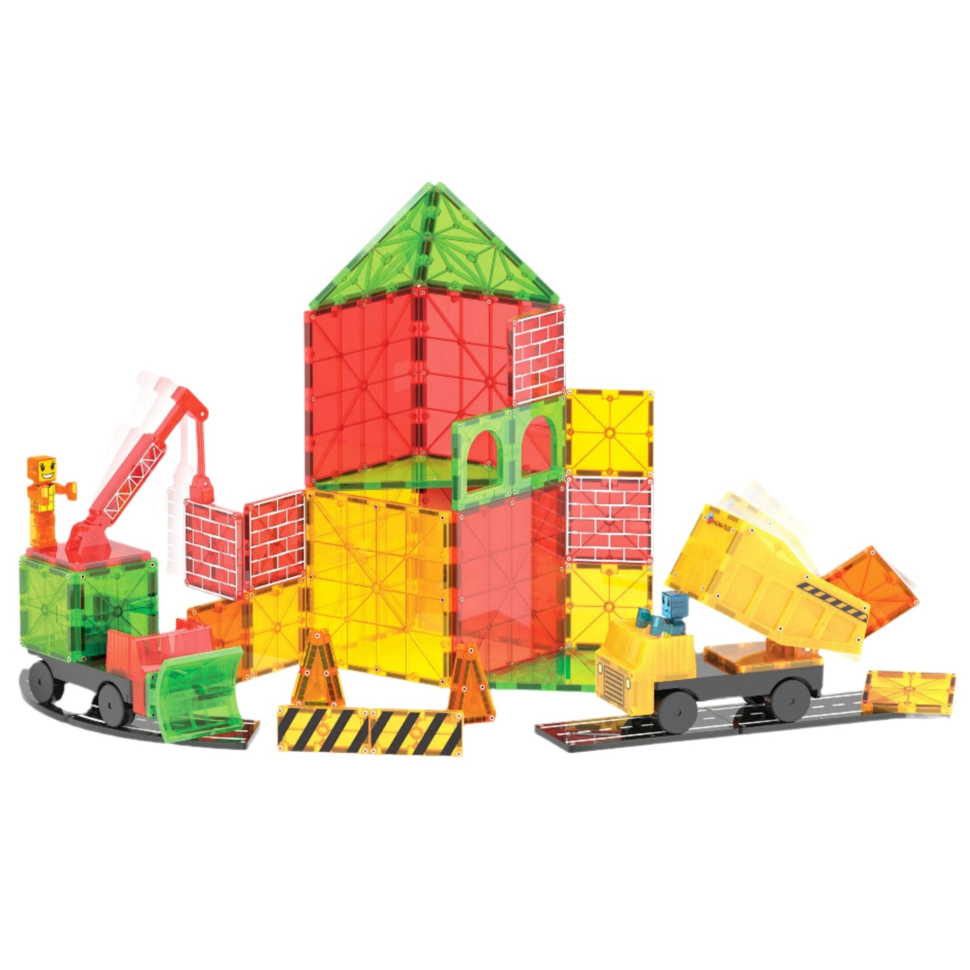 A vibrant toy building set, the MAGNA-TILES® Builder XL 50-Piece Set from Magnatiles, features translucent plastic bricks in various shapes and colors. It forms a small construction site complete with Magna-Tiles, toy construction vehicles, and barriers for meaningful play.