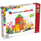 Box of MAGNA-TILES® Builder XL 50-Piece Set by Magnatiles, featuring colorful magnetic building tiles with extra large pieces and construction-themed items such as vehicles. Ideal for meaningful play, suitable for ages 3 and up.