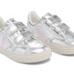 Pair of Veja Junior V-12 Velcro Sneakers with pink accents and Amazonian rubber soles.