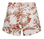 The Cara Cara Xenia Short is a high-waisted women's mini featuring a bold tropical leaf and flower print, front patch pockets with raffia buttons, and a classic button fly.