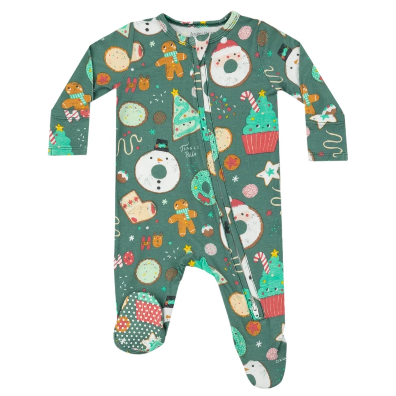 The Angel Dear Christmas Treats 2-Way Zipper Footie, made from soft bamboo fiber, showcases festive patterns with gingerbread men, cupcakes, and ornaments in a green hue.