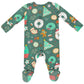 The Angel Dear Christmas Treats 2-Way Zipper Footie is a green infant onesie made from bamboo fiber and showcases holiday-themed prints including donuts, snowmen, gingerbread men, and Christmas trees. It is displayed with the back facing up.