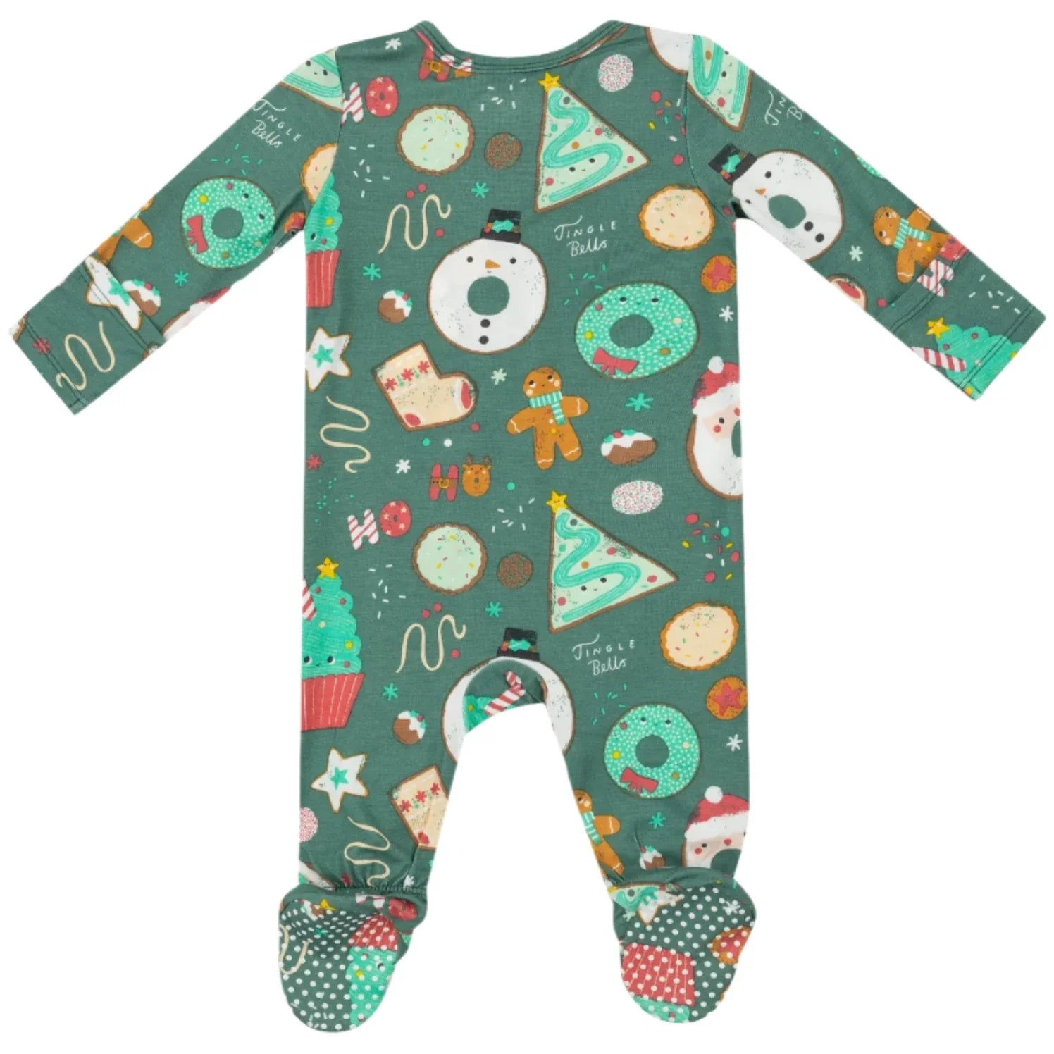 The Angel Dear Christmas Treats 2-Way Zipper Footie is a green infant onesie made from bamboo fiber and showcases holiday-themed prints including donuts, snowmen, gingerbread men, and Christmas trees. It is displayed with the back facing up.