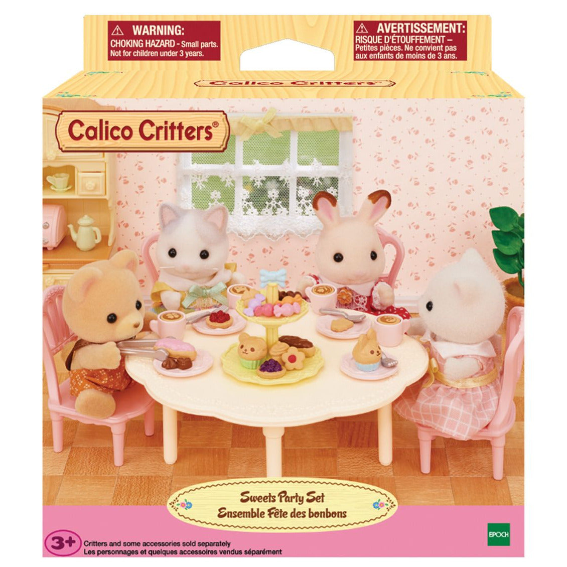 Four Calico Critters figures gather around a table filled with treats and drinks in a charming dollhouse scene, surrounded by vibrant furniture—perfect for imaginative play. The Calico Critters Sweets Party Set is recommended for ages 3 and up.