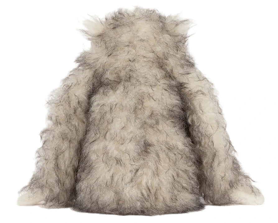The Jellycat Bretti Yeti is a fluffy, long-haired grey and white coat with wide sleeves, shown against a white background.
