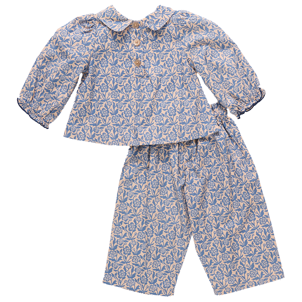 The Baby Girls' Dawson 2-Piece Set by Pink Chicken features a blue climbing floral print on soft cotton poplin with a long-sleeve buttoned top and matching pants.