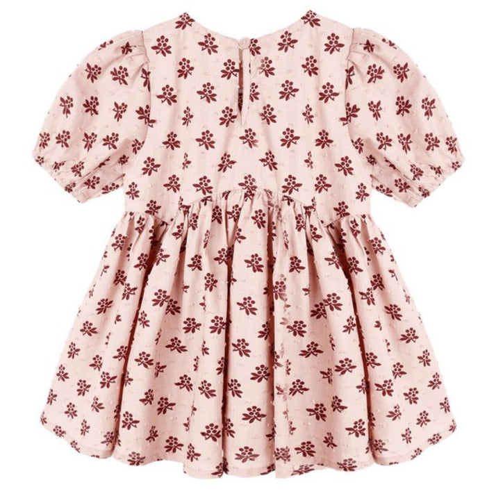 The Rylee & Cru Baby Girls' and Girls' Rose Dress features short sleeves, a gathered waist, and a red floral print, shown from the back for Western-inspired style.