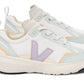 The Veja Junior Canary Alveomesh Sneaker by Veja is a pair of white athletic shoes adorned with mint green and pale orange accents. They feature a light purple "V" logo on the sides and are crafted from recycled polyester and Amazonian rubber, offering an eco-friendly touch.