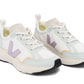 A pair of Veja Junior Canary Alveomesh Sneakers by Veja, featuring a white athletic design with pastel lavender and light blue accents, thick soles, and a textured upper made from sustainable materials like recycled polyester.