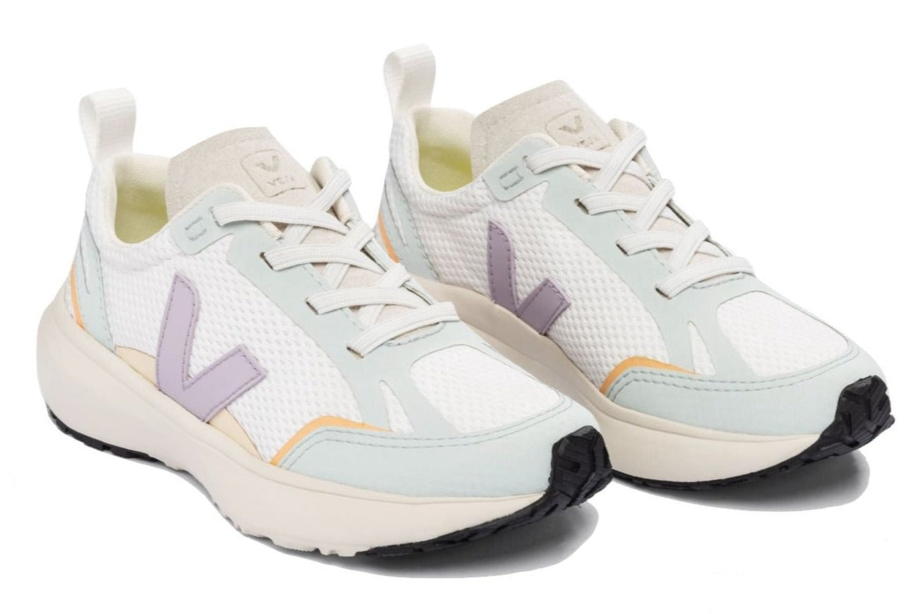 A pair of Veja Kids' Canary Alveomesh Sneakers crafted from recycled polyester, with pastel accents and a prominent side logo on a white background.