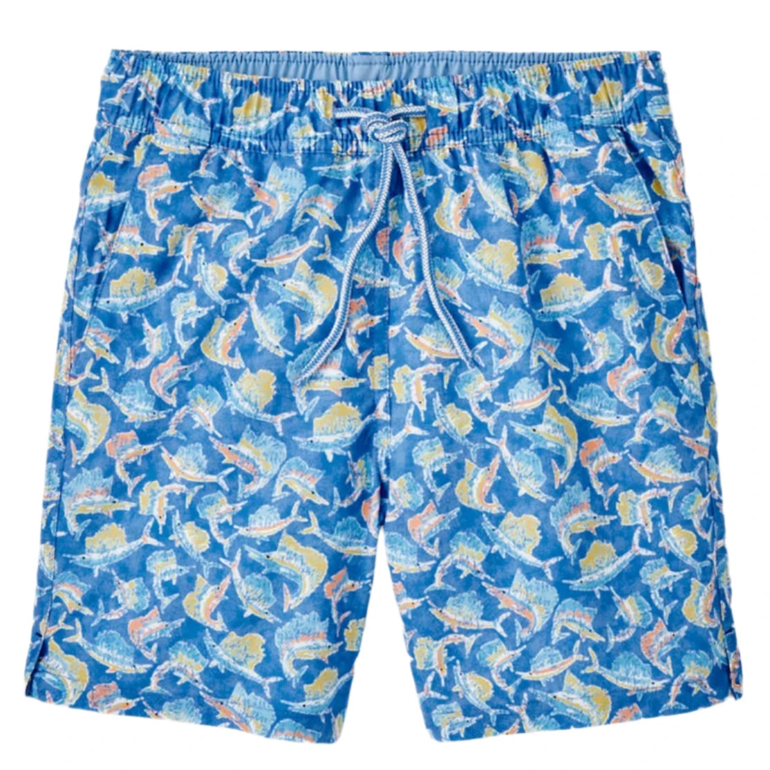 Peter Millar's Tackle The Day Swim Trunk features a vibrant fish print, quick-drying fabric, and a white drawstring.
