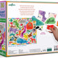 Back of the Eeboo Animal Voices 36 Piece Giant Puzzle box shows colorful animal illustrations, a hand holding a puzzle piece, and a short poem about animal sounds from the Creatures Collection.