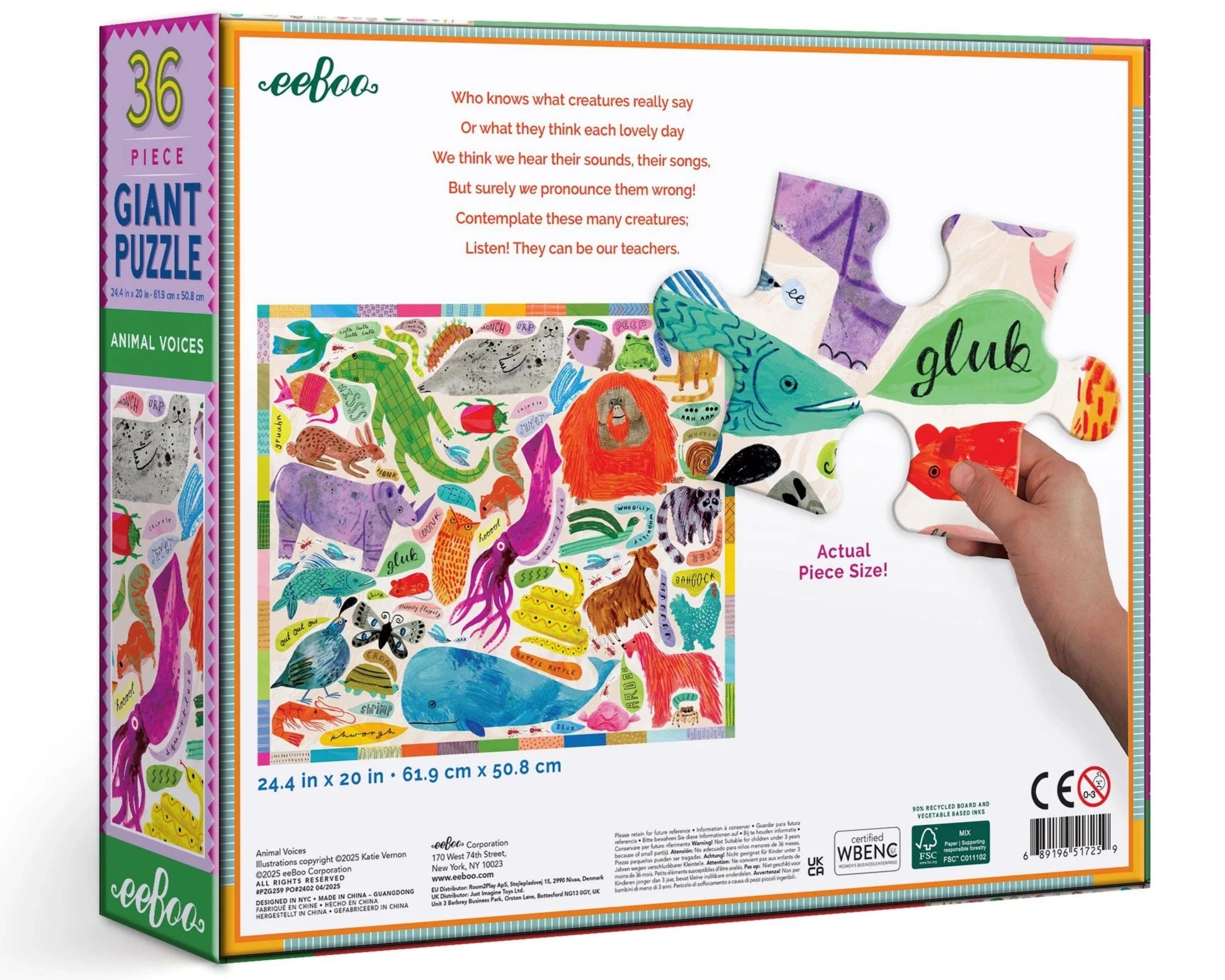 Back of the Eeboo Animal Voices 36 Piece Giant Puzzle box shows colorful animal illustrations, a hand holding a puzzle piece, and a short poem about animal sounds from the Creatures Collection.