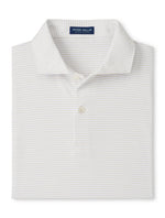 A folded white Peter Millar Ballad Performance Jersey Polo with thin light gray stripes, two-button placket, and UPF 50+ sun protection.