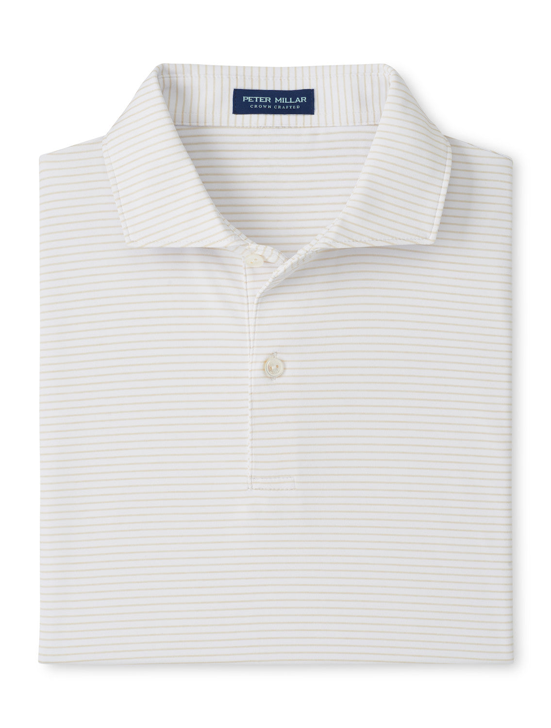 A folded white Peter Millar Ballad Performance Jersey Polo with thin light gray stripes, two-button placket, and UPF 50+ sun protection.