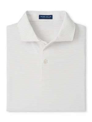 A folded white Peter Millar Ballad Performance Jersey Polo with thin light gray stripes, two-button placket, and UPF 50+ sun protection.