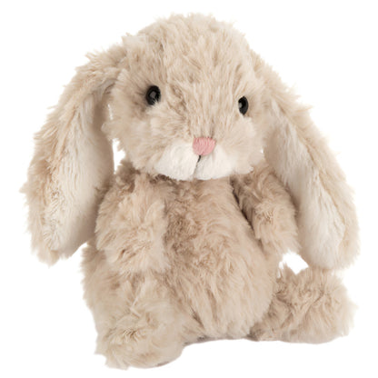 The Jellycat Yummy Bunny, a plush stuffed animal with floppy ears, black eyes, and a pink nose, sits upright against a white background.