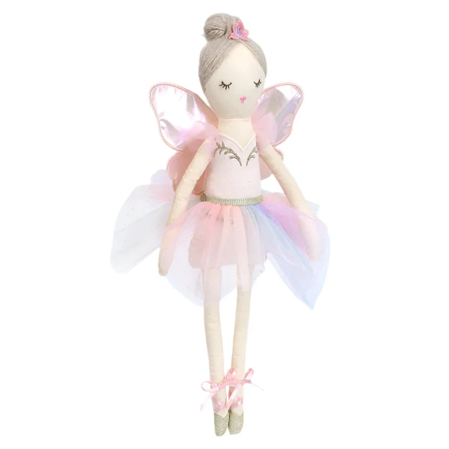 The MON AMI Yara Butterfly Ballerina by Mon Ami includes an embroidered face, pink wings, and a pink dress paired with ballet shoes. Her hair is styled in a bun adorned with a small crown, making it ideal for sparking imaginative play.