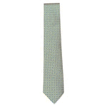 The Robert Jensen Checkerboard Tie showcases a yellow, blue, and white geometric pattern on a light background—an elegant choice for formal events, presented stylishly on a white surface.