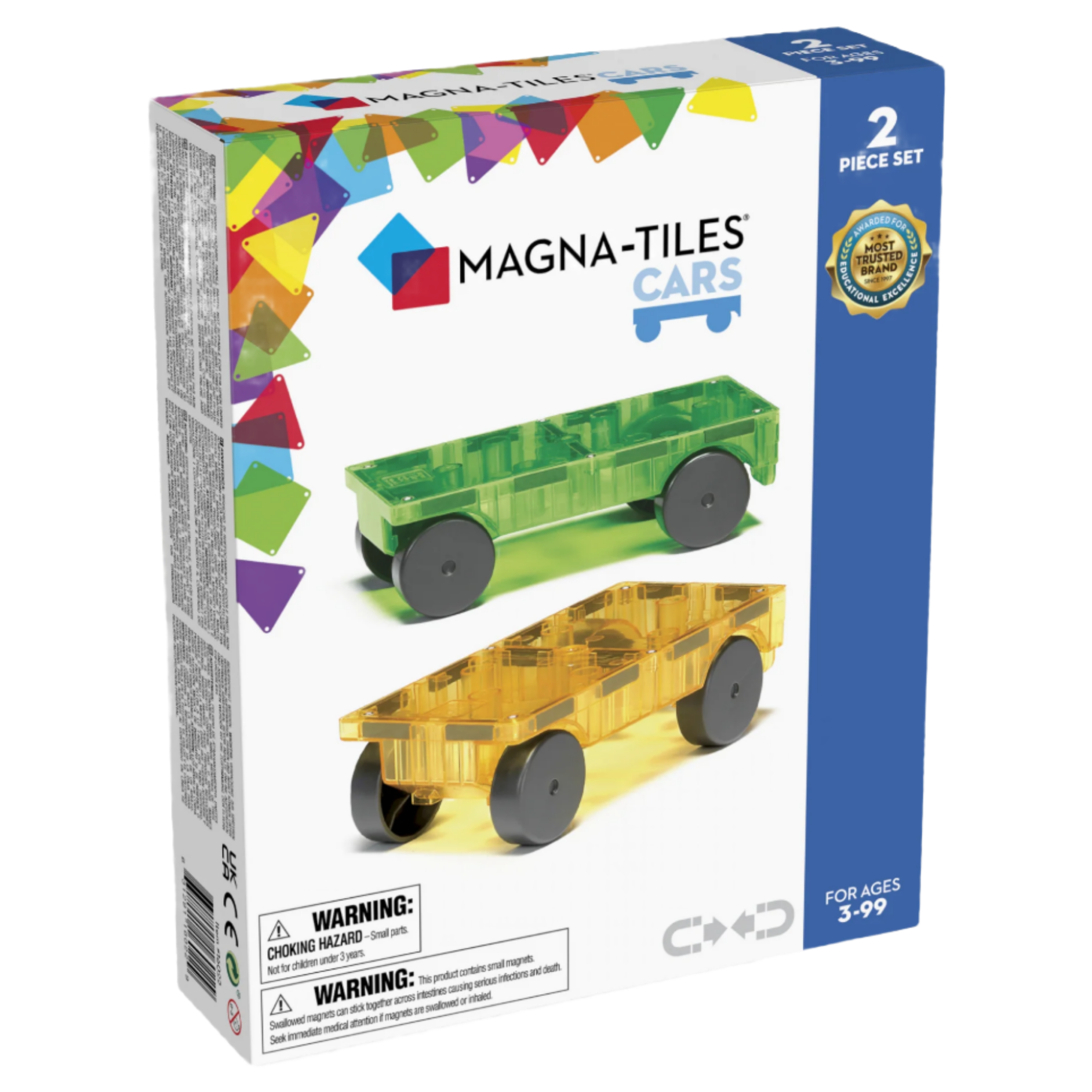 Two toy carts with gray wheels, one in translucent purple and one in translucent red, positioned against a plain white background. Featuring the MAGNA-TILES® Cars 2-Piece Expansion Set by Magnatiles, they are perfect for hands-on play.