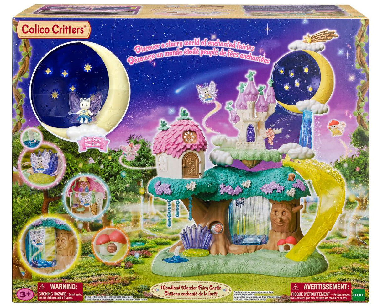 Box of Calico Critters Woodland Wonder Fairy Castle, a playset that includes a treehouse, pink cottage, magical castle, moon swing, fairy accessories, and enchanting fairy forest scenery. Suitable for ages 3 and up.