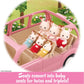 Four small Calico Critters animal figures sit in the pink Calico Critters Family Picnic Van with adjustable baby seats, surrounded by grass and flowers and ready for a fun-filled day with their included picnic accessories.