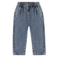The Rylee & Cru Baby Girls' and Girls' Baggy Pant features a relaxed fit, elastic waistband, and side pockets in blue denim, shown laid flat on a white background.