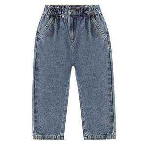 The Rylee & Cru Baby Girls' and Girls' Baggy Pant features a relaxed fit, elastic waistband, and side pockets in blue denim, shown laid flat on a white background.