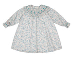 The Antoinette Yse Blue Floral Long Sleeve Bishop Dress features a ruffled embroidered collar and gathered cuffs in soft blue and pink florals—a charming spring outfit for your little one.
