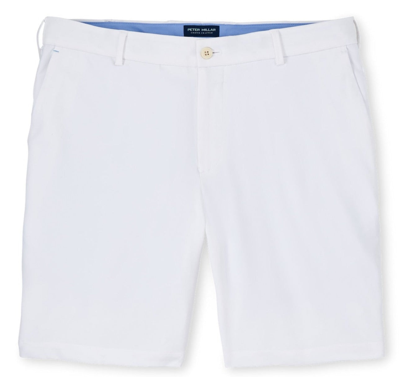 A pair of Peter Millar Surge Performance Shorts for men with a button closure, a blue inner waistband, and made from easy-care, water-resistant material.