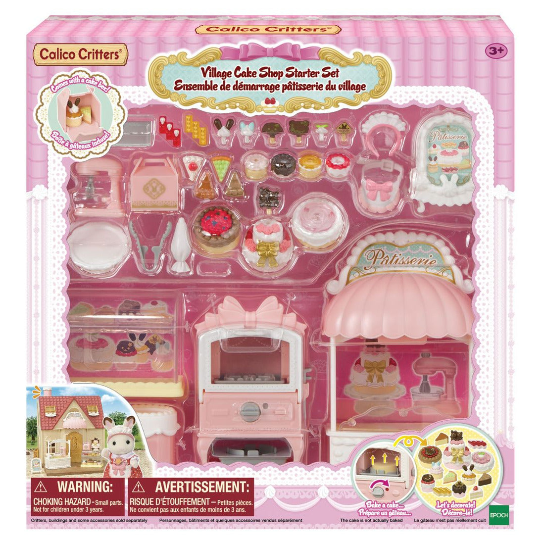 The Calico Critters Village Cake Shop Starter Set features a variety of charming miniature bakery accessories, including an oven, display case, pastries, and a cute animal figure—all beautifully packaged in pink. The set comes with sponge cakes and colorful cake decorations, making it perfect for imaginative play for children ages 3 and up.