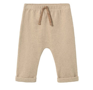 The Cozmo Baby Zach Knit Pants in beige feature an elastic waistband with a drawstring, rolled cuffs, and charming wood button accents, displayed flat on a white background.