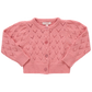The Girls' Connie Sweater by Pink Chicken is a pink pointelle cardigan with heart-shaped eyelets, long sleeves, ribbed cuffs and hem, and glitter button closure on the front.
