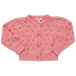 The Girls' Connie Sweater by Pink Chicken is a pink pointelle cardigan with heart-shaped eyelets, long sleeves, ribbed cuffs and hem, and glitter button closure on the front.