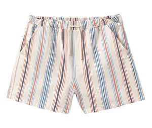The Boys' Zion Bermuda Short by Cozmo features a beige base with vertical blue, orange, and white stripes. Crafted from soft cotton, these shorts offer a comfortable elastic waistband with a drawstring and convenient side pockets, shown against a white background.