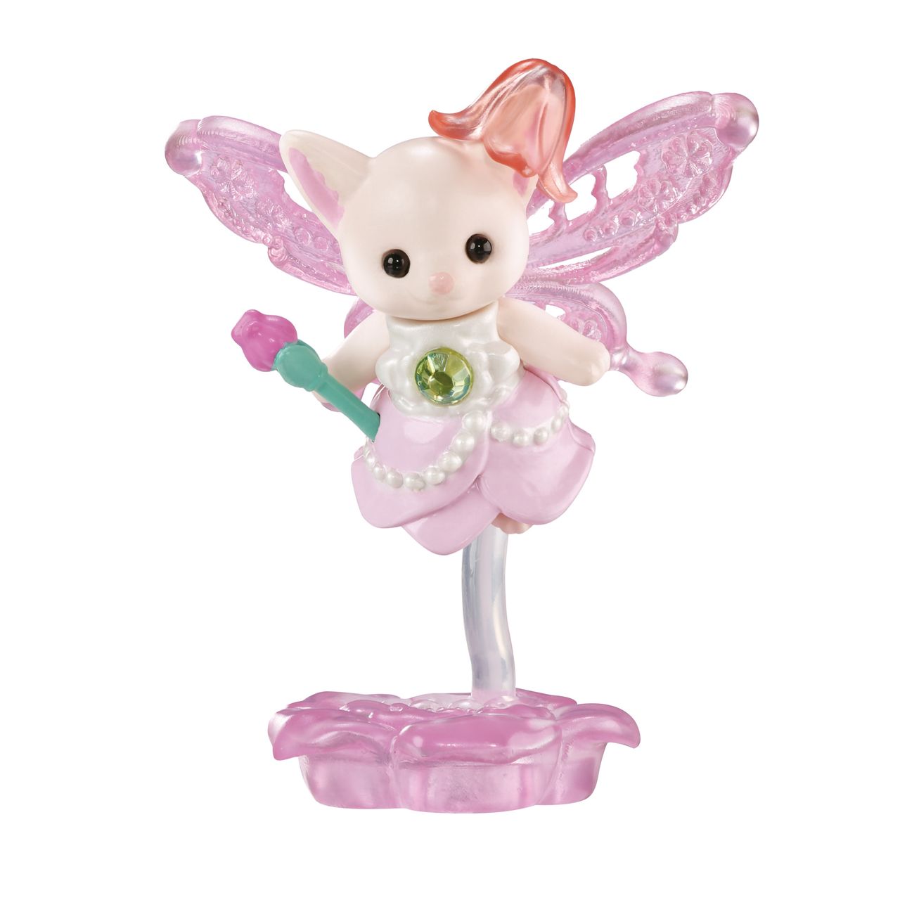 This adorable Nectar Fairy from Calico Critters features a small cat figurine dressed as a pink fairy with wings, holding a wand, and standing on a flower-shaped base—an enchanting addition that looks right at home in the Fairytale Tower or paired with elegant flower-themed furniture. Sure to bring a touch of magic to any décor!.