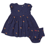 The Pink Chicken Baby Girls' Eliza Eyelet Embroidery Dress Set features navy blue fabric, short ruffled sleeves, delicate navy floral eyelet embroidery, and comes with matching bloomers—the charming set is displayed side by side on a white background.