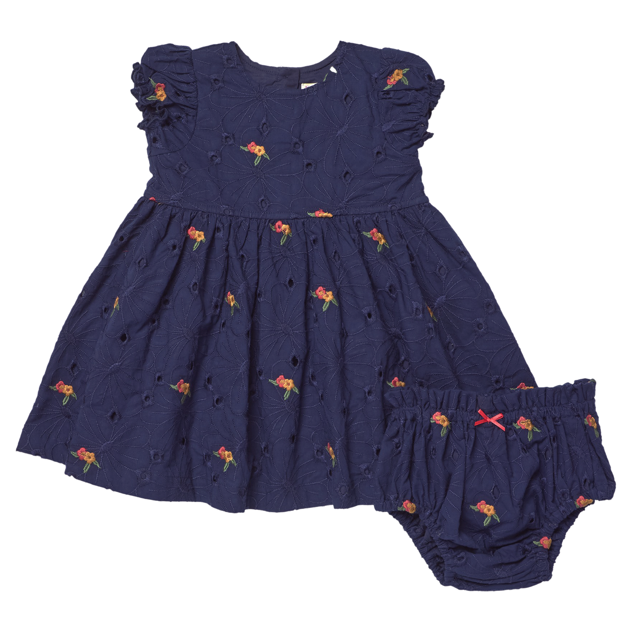 The Pink Chicken Baby Girls' Eliza Eyelet Embroidery Dress Set features navy blue fabric, short ruffled sleeves, delicate navy floral eyelet embroidery, and comes with matching bloomers—the charming set is displayed side by side on a white background.