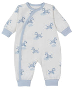 The Kissy Kissy Dreamy Zebras Playsuit, crafted from soft Pima cotton, features a charming blue dreamy zebras print with clouds. This white baby playsuit is designed with convenient snap closures and accented with blue cuffs.