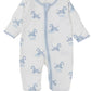 The Kissy Kissy Love Dreamy Zebras Zip Footie by Kissy Kissy is a white baby onesie with blue trim, made from soft Pima cotton, showcasing a design of blue cartoon zebras and small clouds.