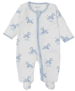 The Kissy Kissy Love Dreamy Zebras Zip Footie by Kissy Kissy is a white baby onesie with blue trim, made from soft Pima cotton, showcasing a design of blue cartoon zebras and small clouds.