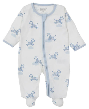 Kissy Kissy Forest Fun Printed Footie by Kissy Kissy, a white baby onesie with blue trim, showcases a delightful pattern of blue striped zebras and clouds.