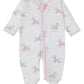 Kissy Kissy Love Dreamy Zebras Zip Footie, by Kissy Kissy, is a white onesie with pink trim made from soft Pima cotton, adorned with a pattern of pink striped zebras and pink clouds.