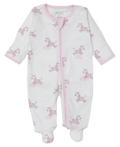 Kissy Kissy Love Dreamy Zebras Zip Footie, by Kissy Kissy, is a white onesie with pink trim made from soft Pima cotton, adorned with a pattern of pink striped zebras and pink clouds.